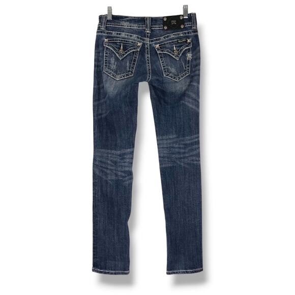 Y2K Miss Me Distressed Rhinestone Stud Skinny Low Rise Jeans Sz. 28x33 Dark Wash - Picture 1 of 16